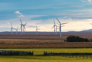 Wind turbines at sunset in field